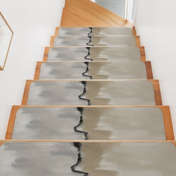 Modern Art Stair Treads Non Slip for Steps Abstract Brown Ombre Mottled Black Crack Texture 15 Pcs Reusable Adhesive Stair Runner Mats for Dogs Elders Carpet Treads Rugs for Staircase 8x30 In