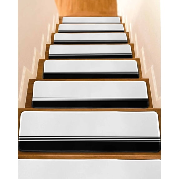 Modern Art Stair Treads Non Slip for Steps Black White Simple Striped Farmhouse 4 Pcs Reusable Adhesive Stair Runner Mats for Dogs Elders Carpet Treads Rugs for Staircase 8x30 In