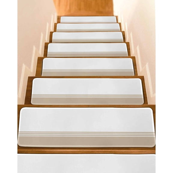 Modern Art Stair Treads Non Slip for Steps Brown White Simple Striped Farmhouse 4 Pcs Reusable Adhesive Stair Runner Mats for Dogs Elders Carpet Treads Rugs for Staircase 8x30 In
