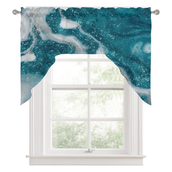 Modern Art Swag Curtain Valance for Windows, Ocean Wave Deep Teal Silver Gradient Fluid Marble Swag Curtains Drapes Rod Pocket for Kitchen Bathroom Small Window, 1 Panel 56x36in