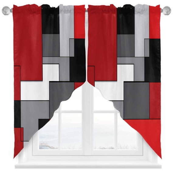 Modern Art Swag Curtain Valance for Windows, Red Gray Black Geometric Abstract Color Blocks Window Treatments Short Swag Topper for Kitchen Windows Bathroom Bedroom, 28"x36"