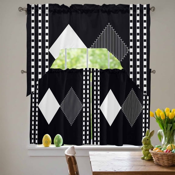 Modern Art Swag Curtains Valance & Tier Set, Black and White Striped Diamonds Checkered Border 3 Pcs Set Kitchen Swag Valances and Tiers 36 Inch Length Rod Pocket Curtain Drapes for Bedroom