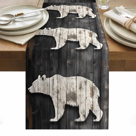 Modern Art Table Runner 13 x 36 Inch, Brown Bear Retro Silhouette Wood Texture Washable Cotton Linen Dining Table Runner Tabletop Decorations for Restaurant Home Kitchen Party