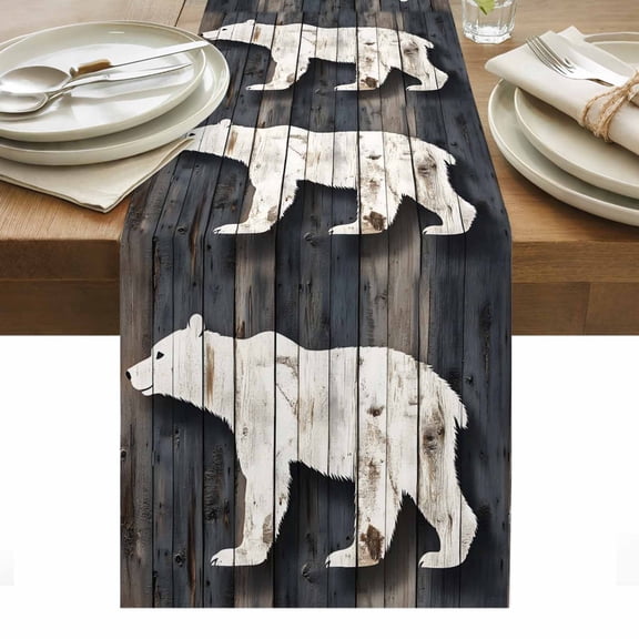 Modern Art Table Runner 13 x 48 Inch, Brown Bear Vintage Silhouette Wood Texture Washable Cotton Linen Dining Table Runner Tabletop Decorations for Restaurant Home Kitchen Party
