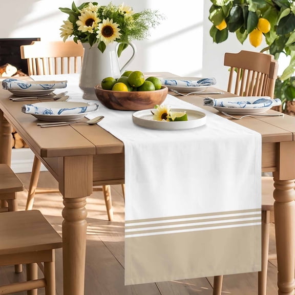 Modern Art Table Runner, Brown White Simple Striped Farmhouse Washable Kitchen Table Runners Dress Scarves for Dining Table Decorations Party/Restaurant/Indoor Outdoor Use, 13x90in
