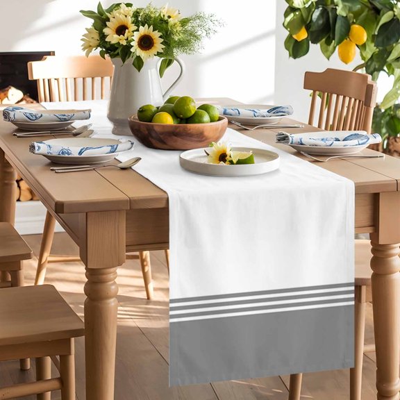 Modern Art Table Runner, Grey White Simple Striped Farmhouse Washable Kitchen Table Runners Dress Scarves for Dining Table Decorations Party/Restaurant/Indoor Outdoor Use, 13x36in