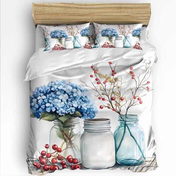 Modern Art Twin Size Comforter Set, Blue Hydrangeas Red Plant in Vase Watercolor Soft Bedding for All Seasons, 4 Pcs Bed Set with 1 Comforter (68"x86") ,1Sheet(66"x116"), 2 Pillowcases (19"x29")