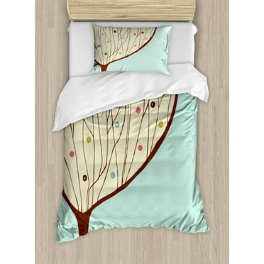 Modern Art Twin Size Duvet Cover Set, Aqua Hand Drawn Funk Depiction of Tree Form with Dots Doodle Lines Art Print, Decorative 2 Piece Bedding Set with 1 Pillow Sham, Multicolor, by Ambesonne