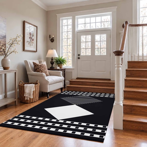 Chequerboard Border Modern Art Washable Area Rug 3'x5', Black and White Striped Diamonds ...