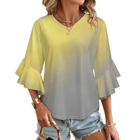 Modern Art Yellow Gray Gradient Women's V-Neck Blouse With 3/4 Ruffled Bell Sleeves Casual Top Ladies Blouses