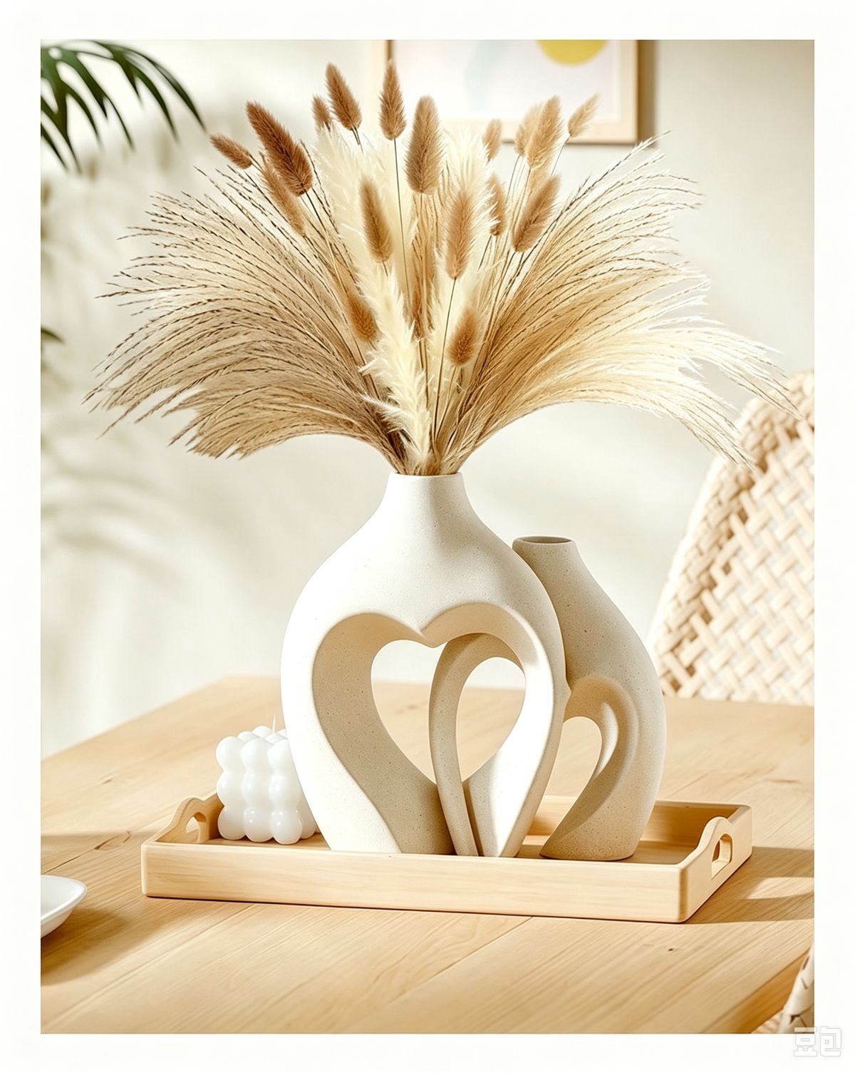 White Ceramic Heart Shaped Vase Set of 2, Boho Minimalist Decorative Tabletop Vases for Coffee Table Centerpiece, Living Room, Dining Room, Wedding, Office, Hom