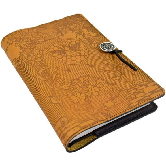 Modern Artisans Honey Bee Garden American-Made Embossed Leather A5 Writing Journal Cover, 6 x 9-inch + Refillable Hardbound Insert Book
