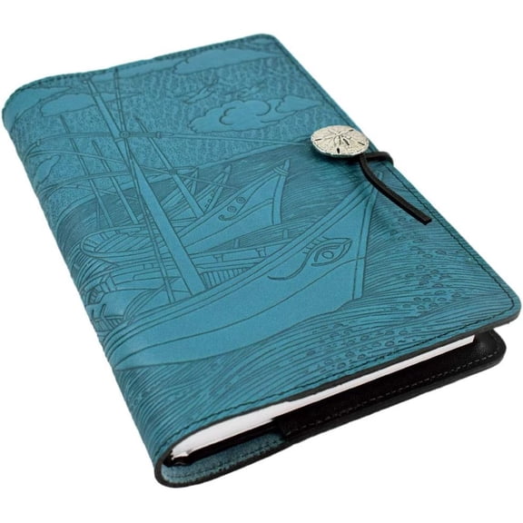 Modern Artisans Van Gogh Boats Embossed Leather Writing Journal in Turquoise Blue, American Made, 6 x 9-inch + Refillable Hardbound Insert Book