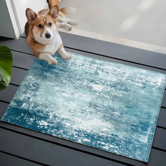 Modern Artistic Abstract Washable Entry Rug 2x3 Gradient Turquoise Mottled Vintage Low Pile Indoor Door Mat with Rubber Backing Thin Area Rug for for Entrance, Bedroom, Kitchen, Laundry, Bathroom