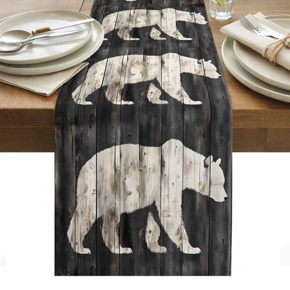 Modern Artwork Table Runner 13 x 48 Inch, Brown Bear Retro Silhouette Washable Cotton Linen Dining Table Runner Tabletop Decorations for Restaurant Home Kitchen Party