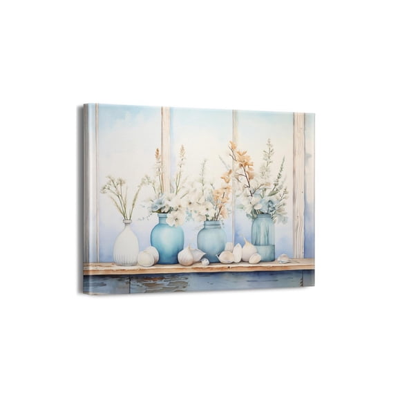 Modern Artwork Vintage Blue White Floral Canvas Wall Art Colorful Flowers in White and Blue Board Design for Modern Living Room or Bedroom Decoration 10"x8"