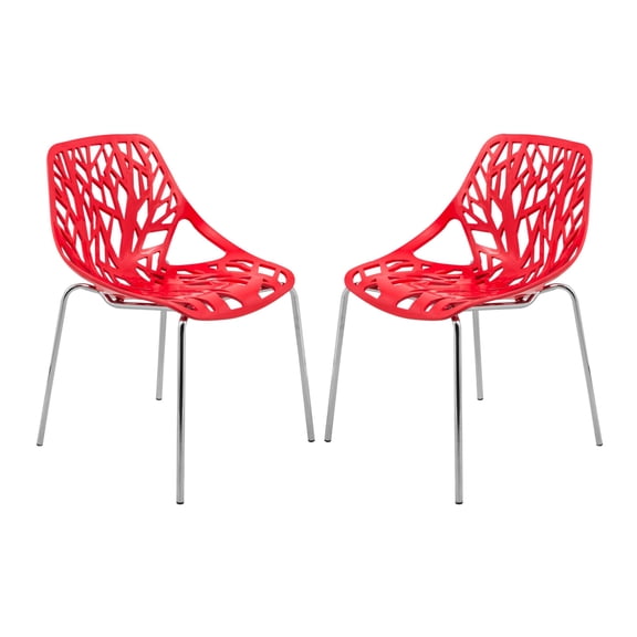 LeisureMod Modern Asbury Dining Side Chair With Chromed Legs in Red Set of 2