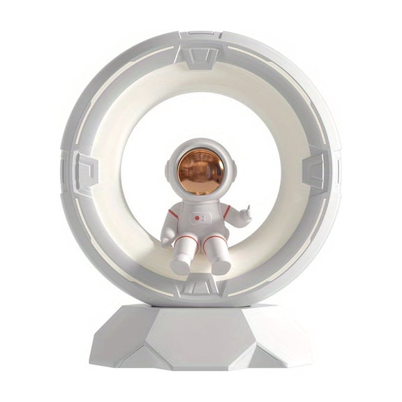 The Modern Astronaut Night Light is a touch-sensitive tri-color LED bedside lamp with 4 adjustable brightness levels, a 1200mAh rechargeable lithium battery, wireless design, and a desktop base, maki