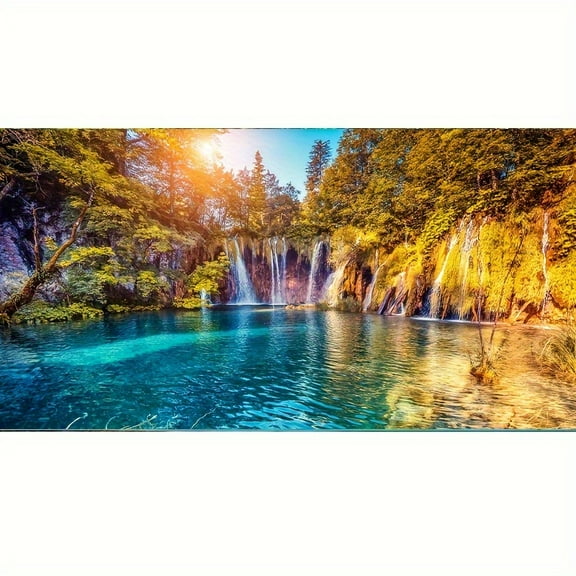 Modern Autumn Landscape Cloth Art Printing-Lake, Trees and Waterfall Scene | Frameless Wall Decoration, Suitable for Living Room, Bedroom, Office, Kitchen and Bathroom