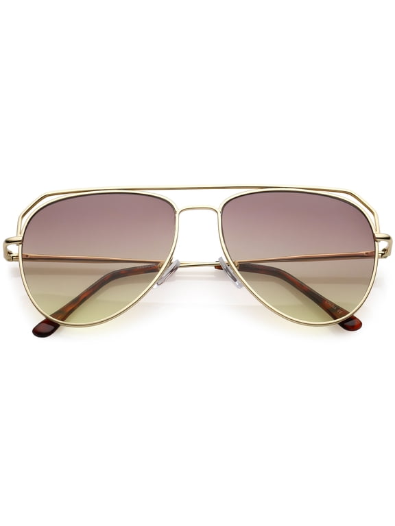 Modern Aviator Sunglasses Open Metal Double Crossbar Gradient Flat Lens 55mm (Gold / Purple Yellow)