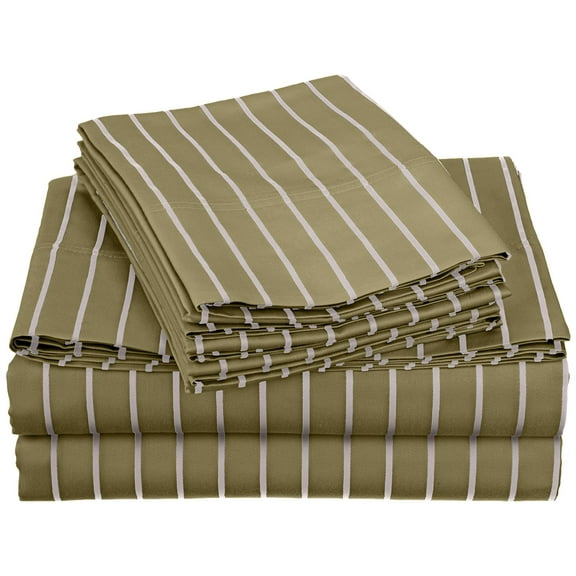 Modern BNM Cotton-Rich Striped Bahama Casual Deep Pocket Sheet Set, Full, Sage by Blue Nile Mills