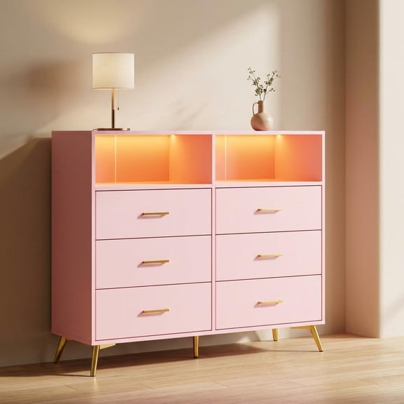 Modern Baby Dresser with LED Lights, Changing Table, 6 Drawers & Power Outlet, Black Storage Solution for Nursery