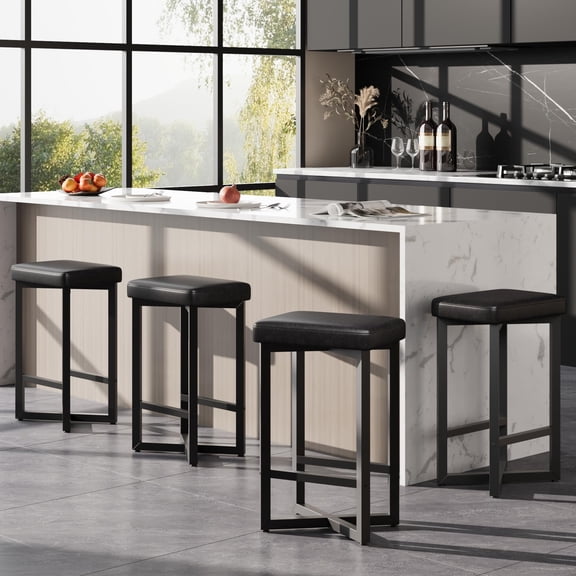Modern Backless Bar Stools Set of 4, 24.6" Counter Height, Black PU Leather Upholstered Seat, Sturdy Metal X-Frame & Footrest, Easy Assembly, Wipe Clean, Storage: 4PC