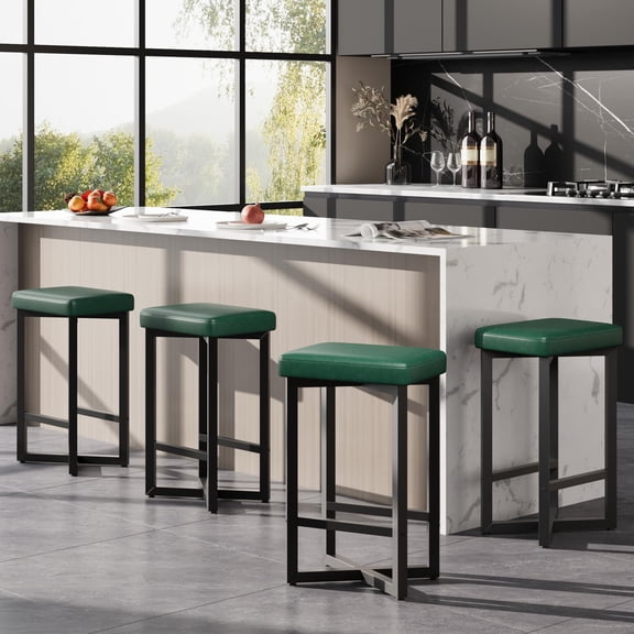 Modern Backless Bar Stools Set of 4, 24.6" Counter Height, Green PU Leather Upholstered Seat, Sturdy Metal X-Frame & Footrest, Space-Saving, for Kitchen, Dining Room, Home Bar, Storage: 4PC
