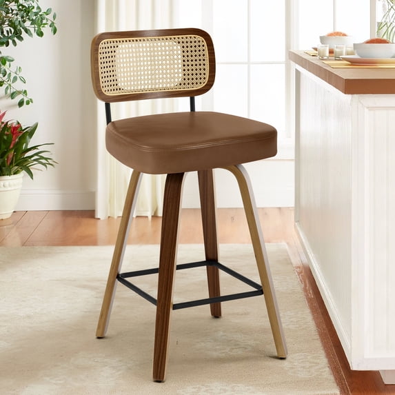 WOOW DEPOT Cane Swivel Counter Height Bar Stools Set of 1, 26" Upholstered Brown Faux Leather Barstools w/ Rattan Mid-Back & Wood Legs, Mid Century Modern Bar Chair Island Stool