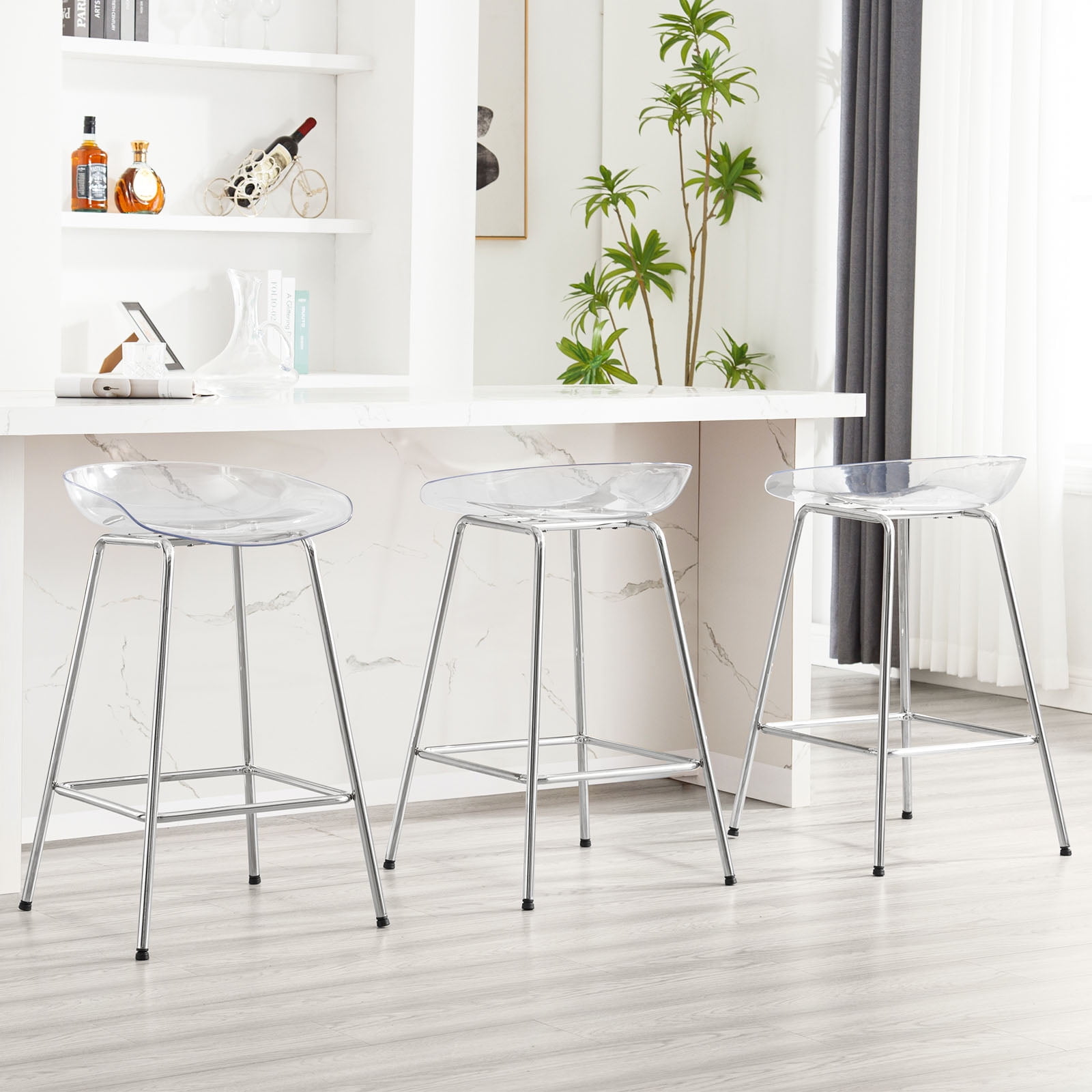 26" Clear Plastic Seat Counter Stools with Chrome Metal Frame, Set of 3