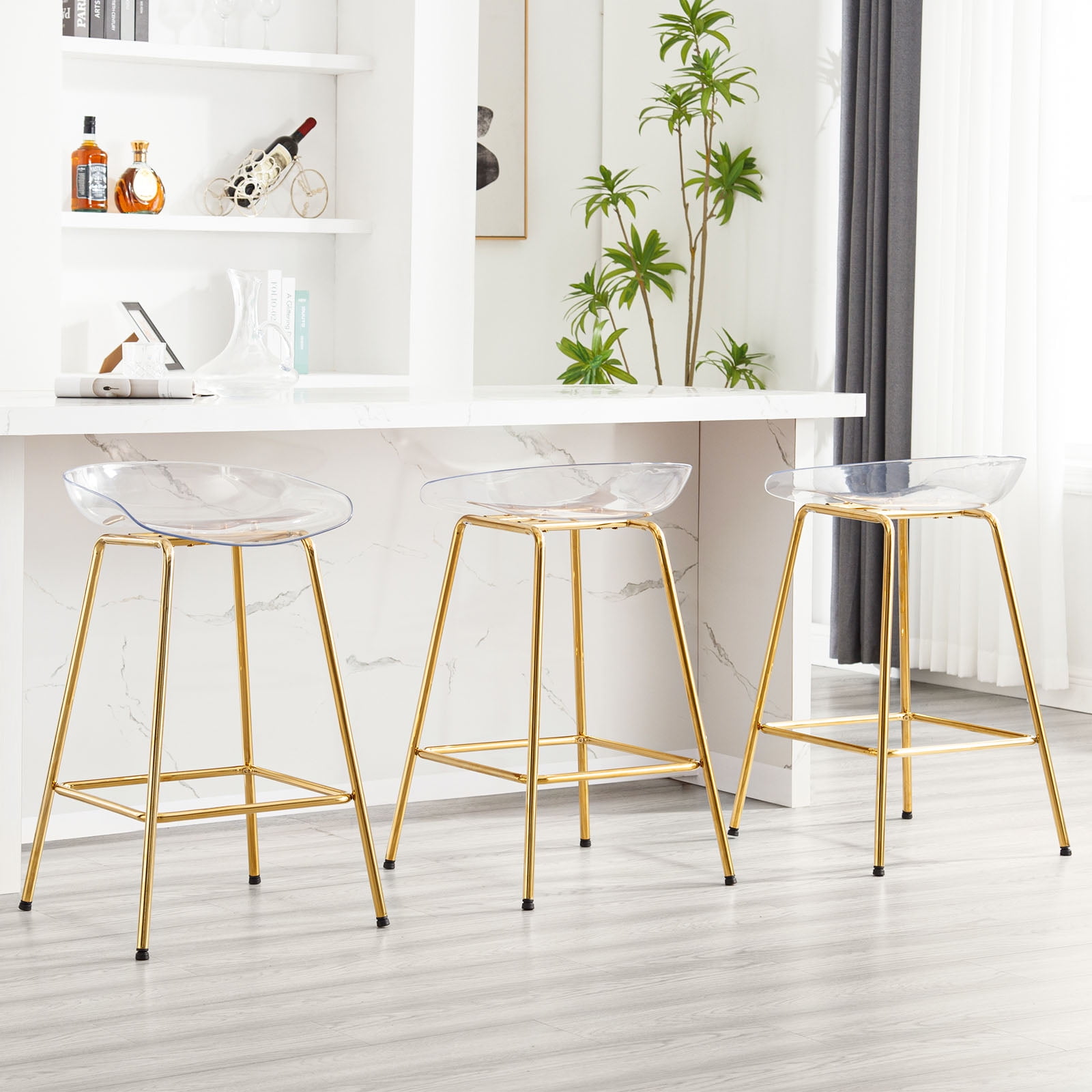 Modern Backless Barstools Set of 3 26 Counter Height Bar Stools with Clear Plastic Seat Gold Metal Legs for Kitchen Island Breakfast Bar Chairs