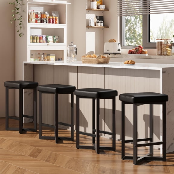 Modern Backless Counter Height Bar Stools Set of 4 – 24.6" Black PU Leather Upholstered Seats, Metal X-Frame, Footrest – Easy to Clean, Kitchen, Dining Room, Bar