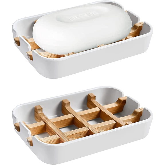 Modern Bamboo Fiber soap Holder and soap Dish Combination (Removable),5.12 Long by 3 Wide, 0.98 inches high, Used in Kitchens, bathrooms, and bar Sinks (White(2 Pack))