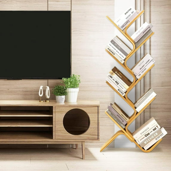 Modern Bamboo Tree Bookshelf for Home, Creative Curved Corner Book Shelf Bookcase Book Storage Floor Organizer Shelves, Standing Rack for Office Living Room Bedroom
