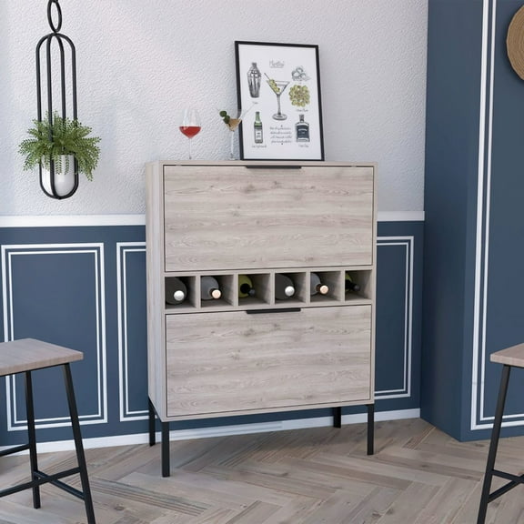 Modern Bar Cabinet, Gray Charisma, Six Built-in Wine Rack, Double Door Space Saver
