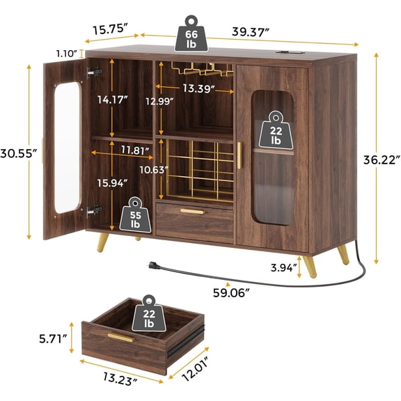 Modern Bar Cabinet with Power Outlets and LED Light, Farmhouse Liquor Sideboard with Wine Rack and Glass Holder for Home Entertainment