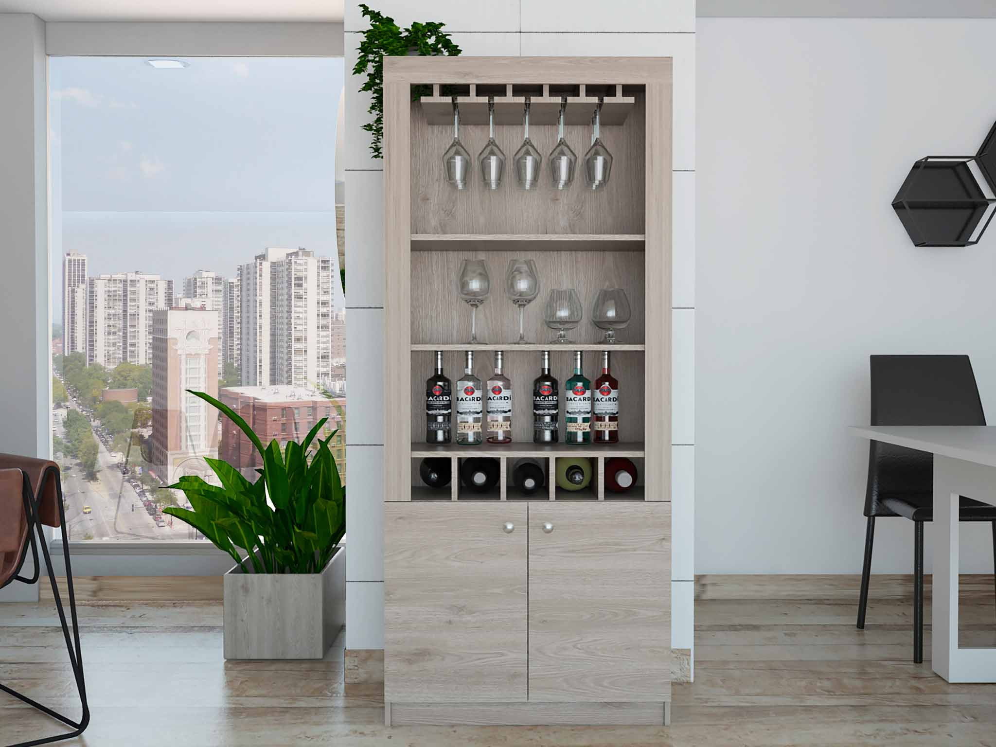 Modern Bar Cabinet with a 10 Glass Wine Rack Double Door 5 Bottle Bar Cabinet with 3 Open Shelves Light Gray Walmart