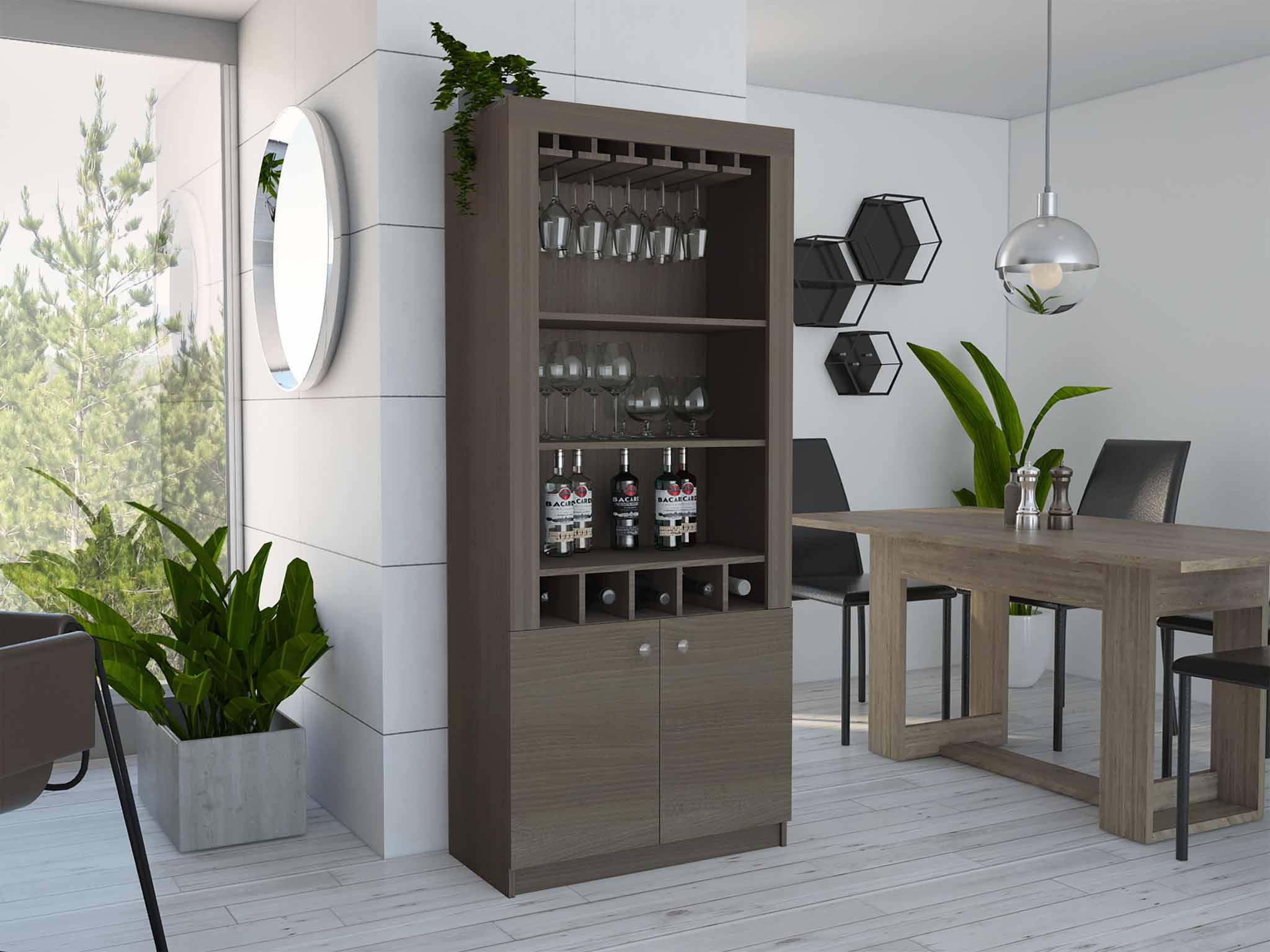 Modern Bar with a 10Glass Wine Rack, Double Door 5 Bottle Bar