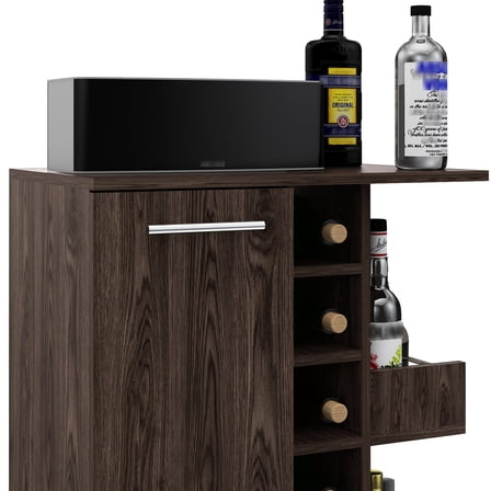 Modern Bar Cart, 6 Bottle , 2 Shelves & Lockable Feature Cart For Living Areas, Dark Walnut Coloration