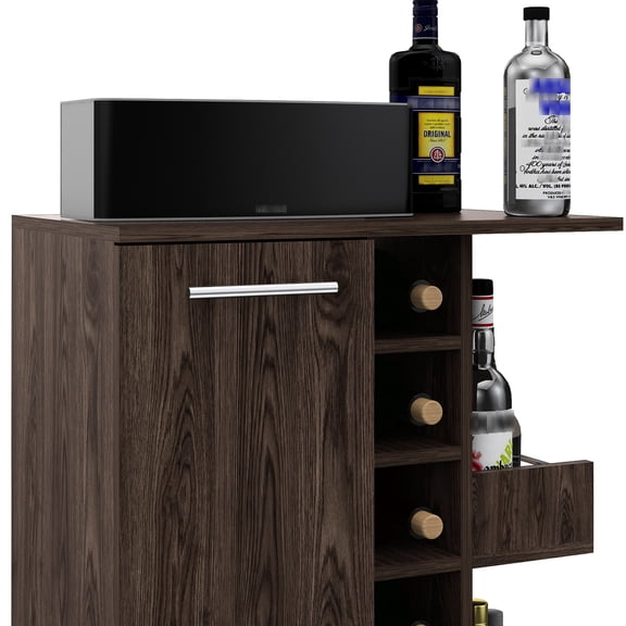 Modern Bar Cart, 6 Bottle , 2 Shelves & Lockable Feature Cart For Living Areas, Dark Walnut Coloration