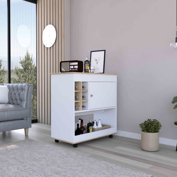 Modern Bar Cart In Oak/white With Six Bottle , Four Wheels And A Low Shelf For Dining , Cabinet Roomy Room Practicality