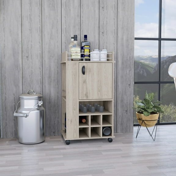 Modern Bar Cart With Cabinet, 6 Wine Rack Spaces And Shiftable , Grey Living Space Slots & Cabinet -