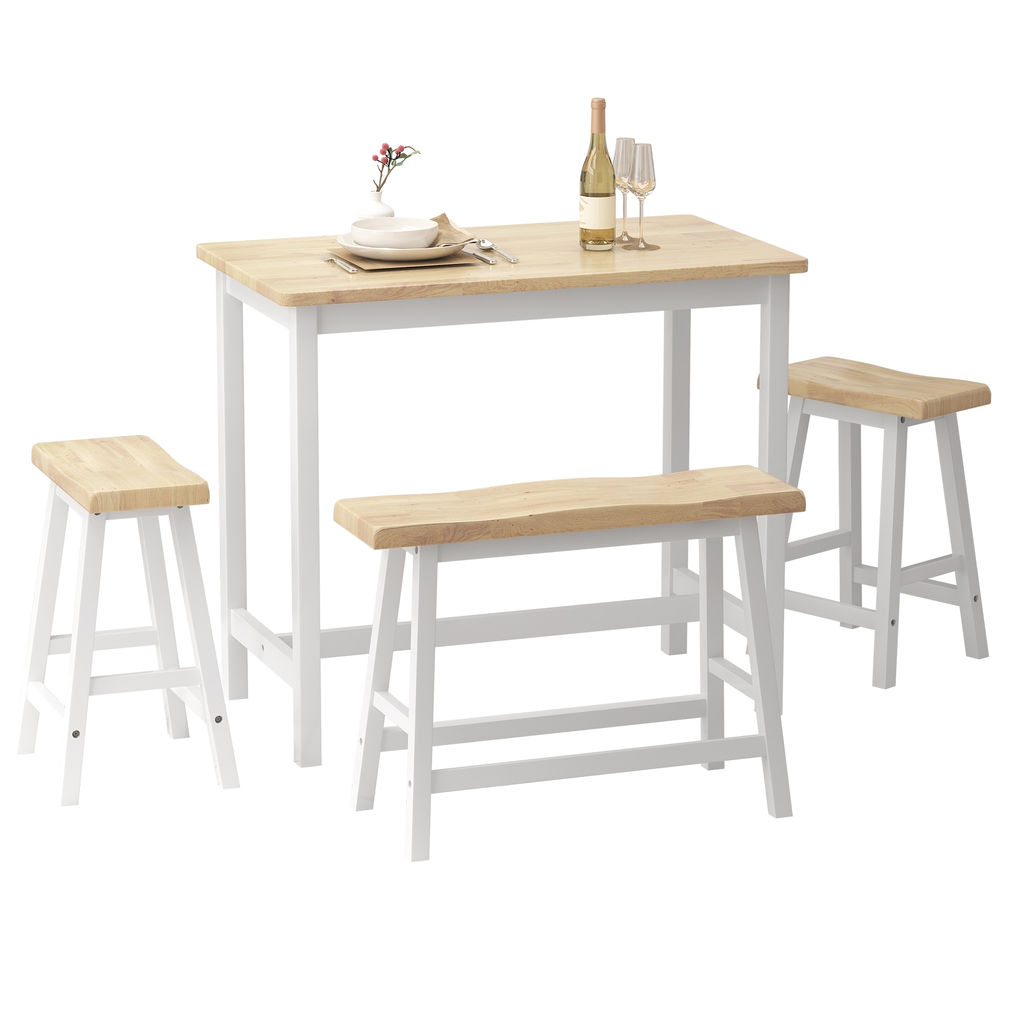 Modern Bar Dining Table Set for 4 All Rubber Wood Kitchen Bistro