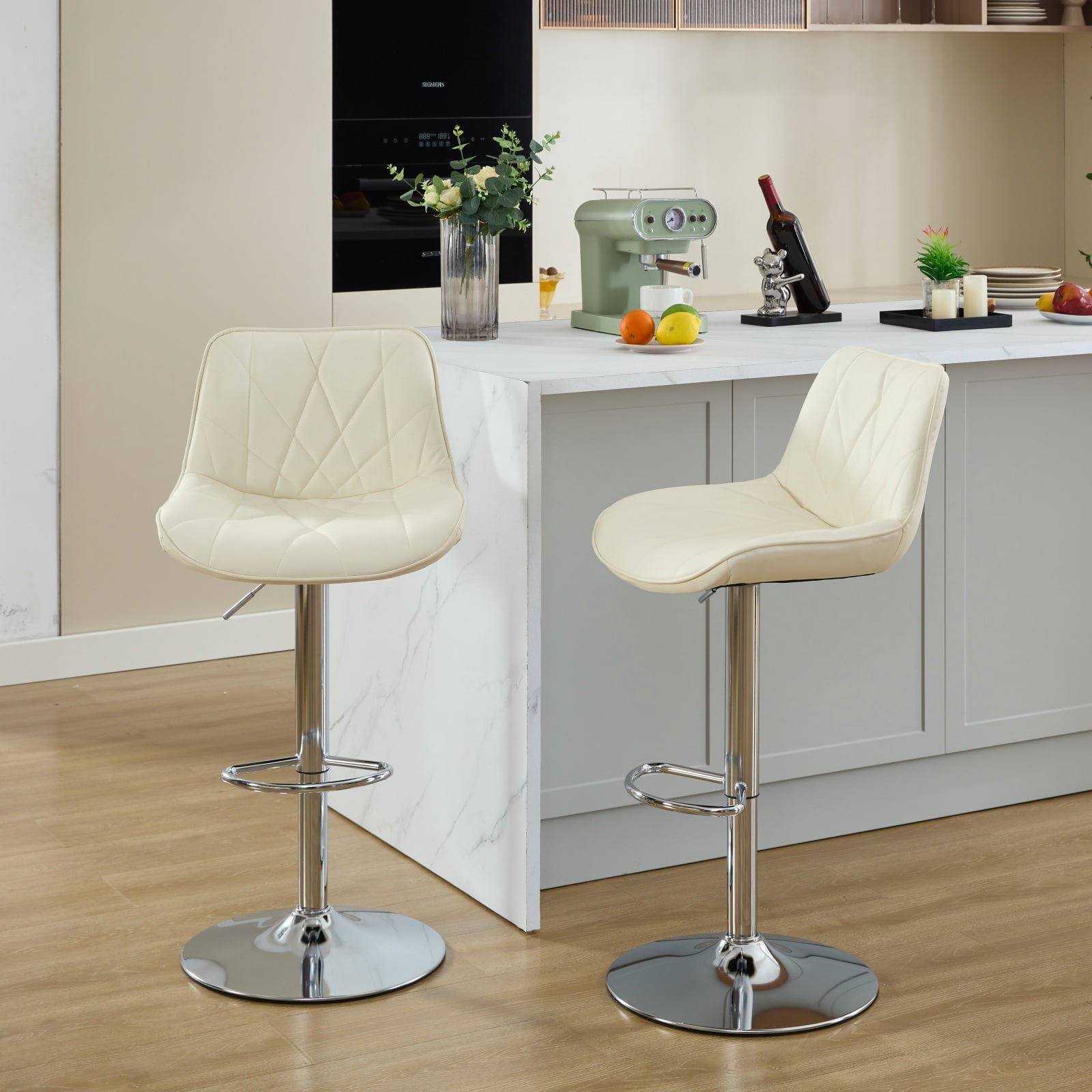 Modern Bar Height Bar Stools Set of 2, Adjustable PU Swivel Bar Chairs ...