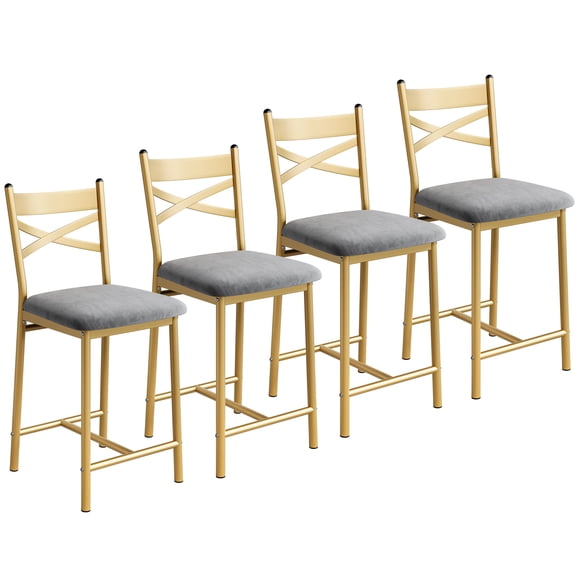 Modern Bar Stool Set of 4, Upholstered Counter Height Bar Chairs with X-Back, Soft PU Leather, Heavy Duty Metal Frame for Kitchen Island Restaurant