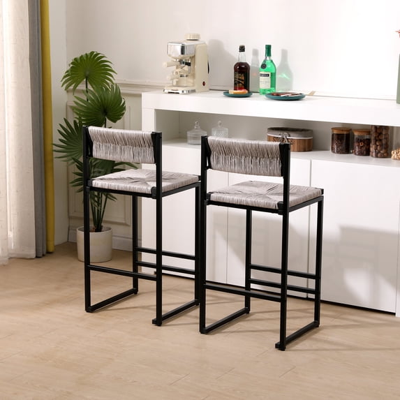 Modern Bar Stools 2 Piece Set with Footrest, Counter Height Bar Seat with Handmade Paper Rope Crafted Backrest and Cushion, Farmhouse Style Design for Kitchen Island, Bar and Counter, Grey