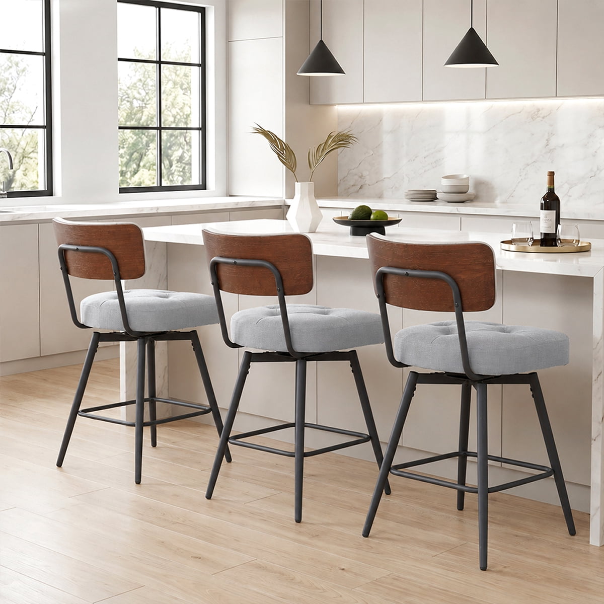 Modern Bar Stools, Counter Height Stools Set of 3 – Metal Legs, Ideal ...