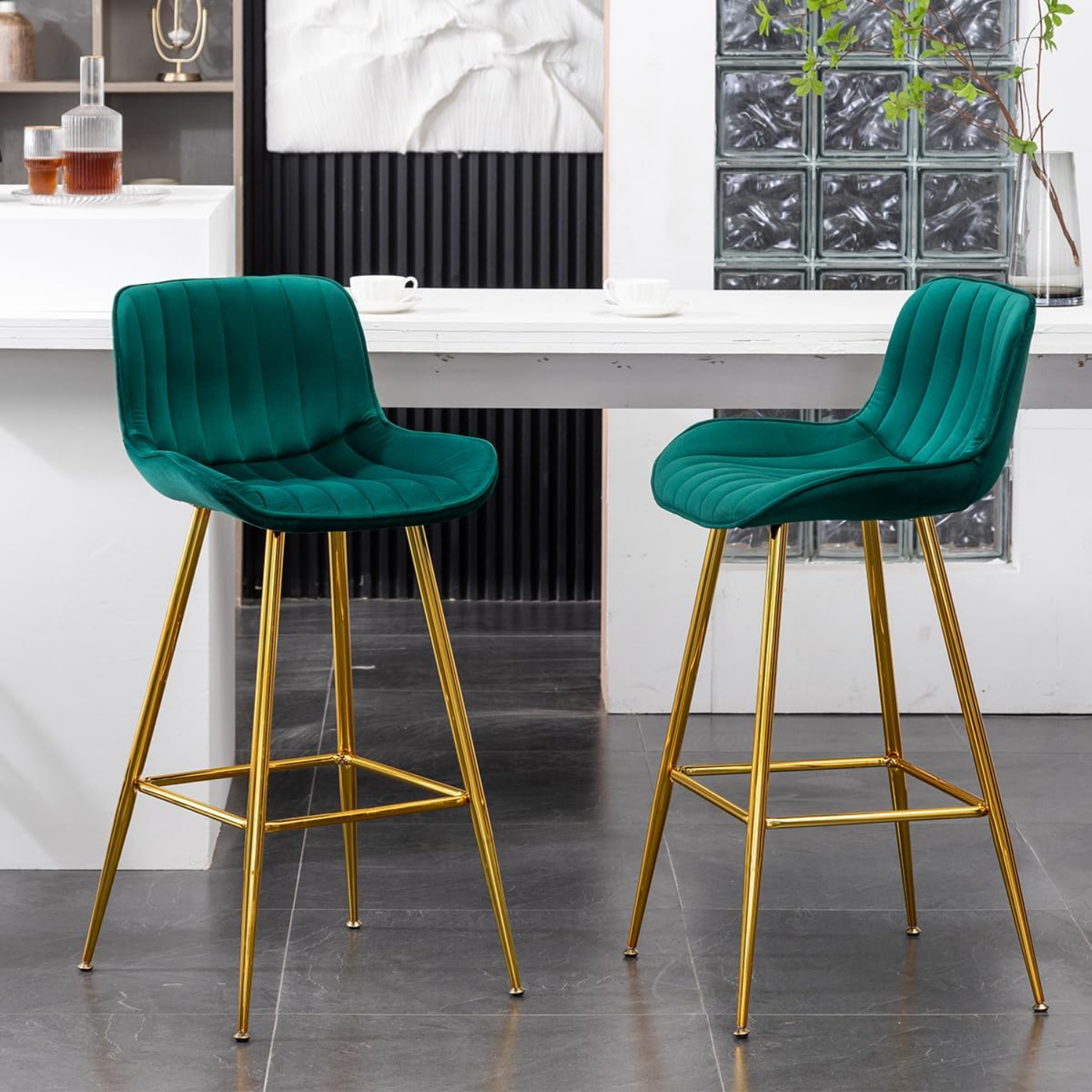Modern Bar Stools Gray Velvet Bar Stools with Backrest and Solid Metal