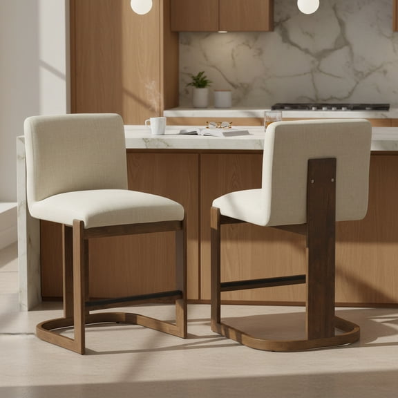 Modern Bar Stools Set of 2, 24" Solid Wood Counter Height Barstools, Linen Upholstered Kitchen Island Chair With Walnut-Finished Wood Legs for Home Bar Coffee Shop,Beige