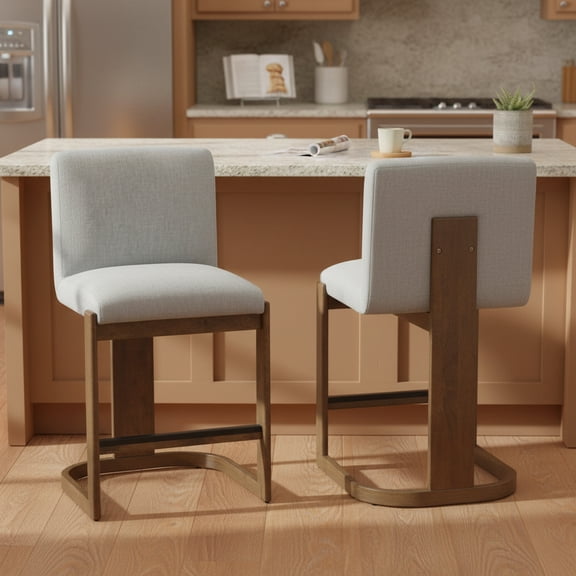 Modern Bar Stools Set of 2, 24" Solid Wood Counter Height Barstools, Linen Upholstered Kitchen Island Chair With Walnut-Finished Wood Legs for Home Bar Coffee Shop,Light Grey